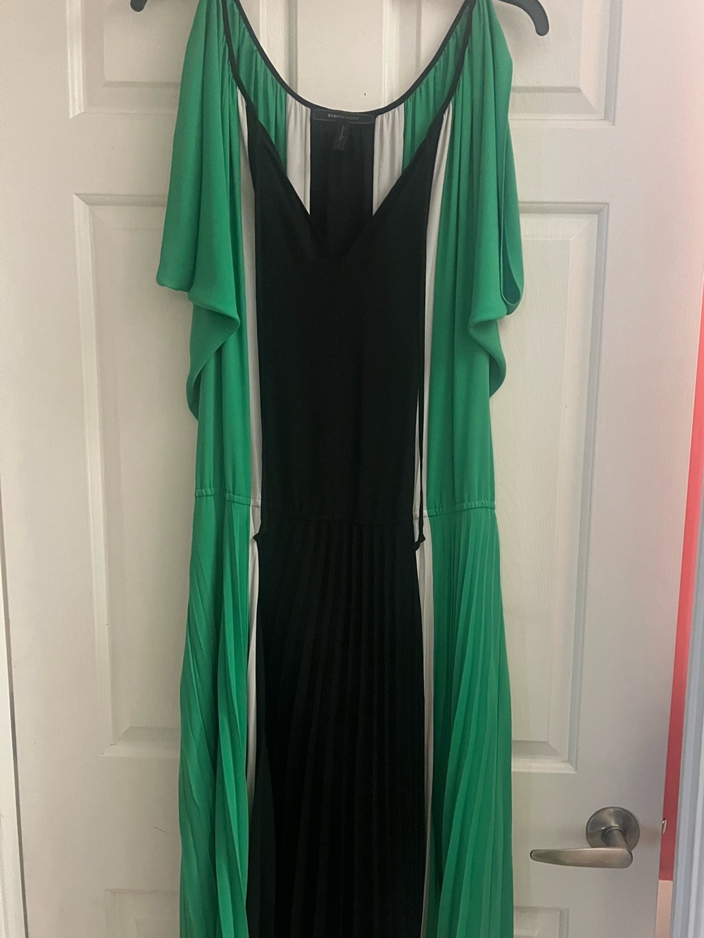 BCBGMaxAzria Green and Black Cold-Shoulder Pleated Maxi Dress